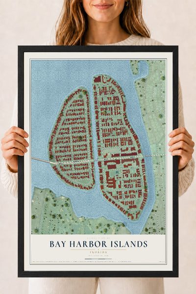 Bay Harbor Islands, Florida map print, 18" x 24" W/ Black Ayous Wood Frame mockup