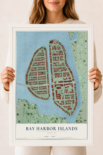 Bay Harbor Islands, Florida map print, 18" x 24" W/ White Ayous Wood Frame mockup