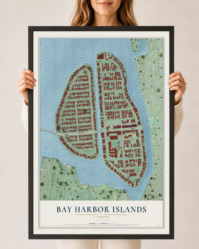 Bay Harbor Islands, Florida map print, 24" x 36" W/ Black Ayous Wood Frame mockup