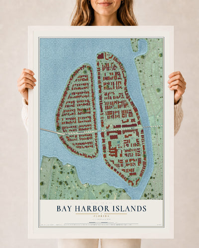 Bay Harbor Islands, Florida map print, 24" x 36" W/ White Ayous Wood Frame mockup