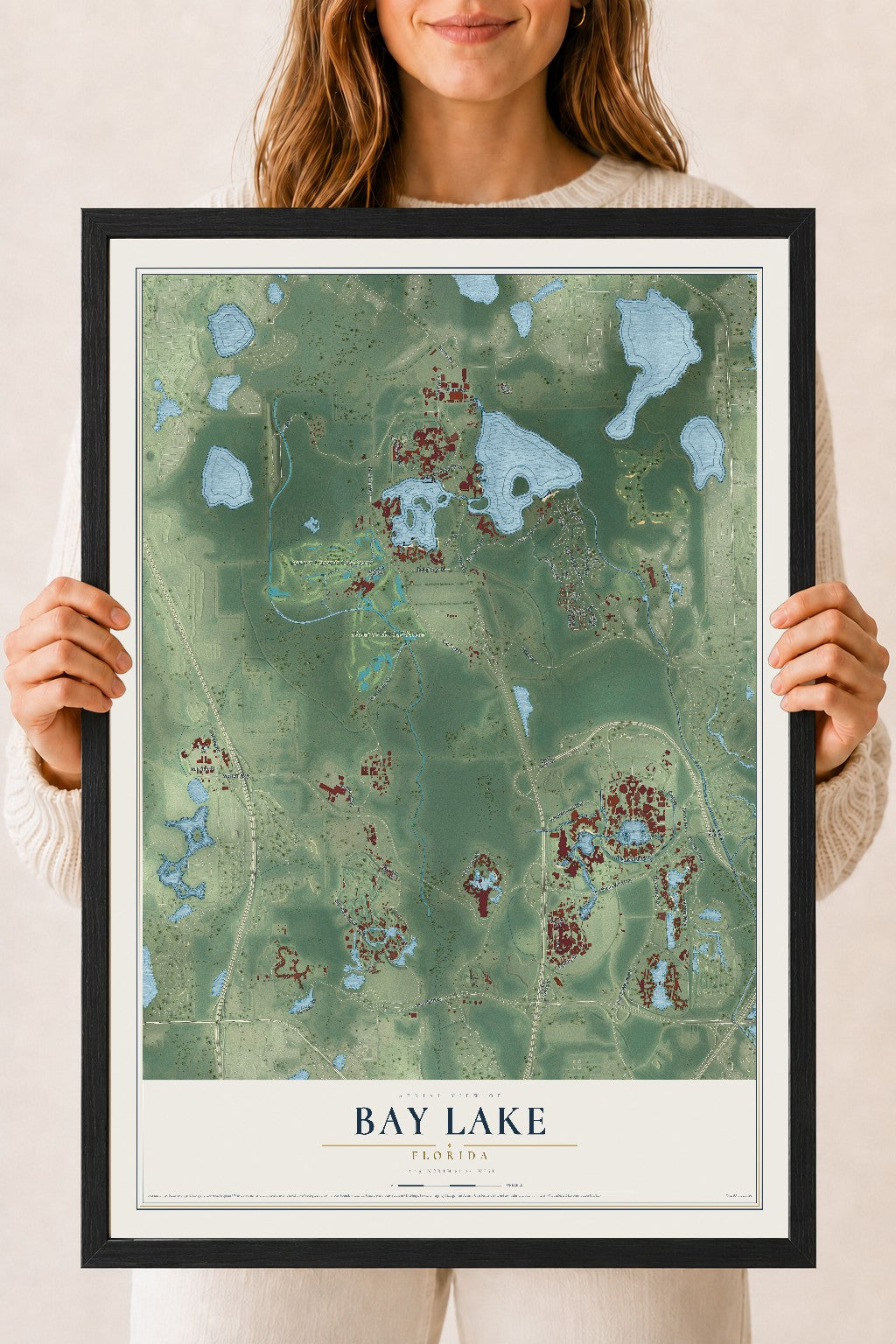 Bay Lake, Florida map print, 18" x 24" W/ Black Ayous Wood Frame mockup