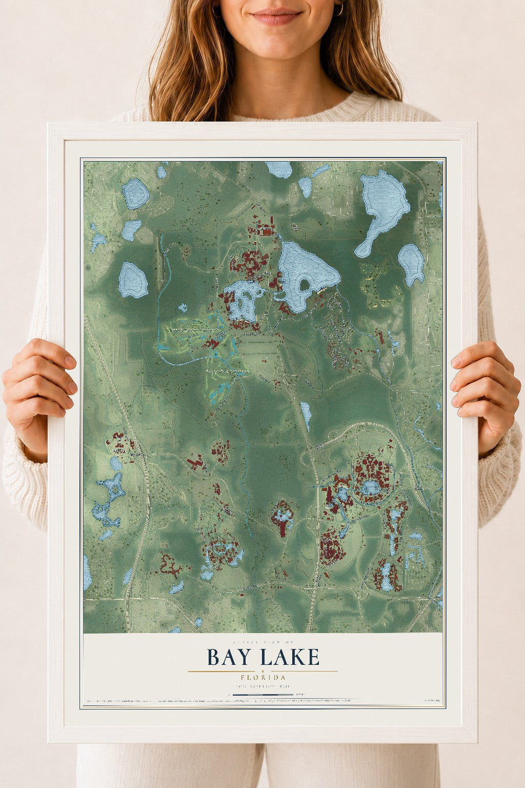 Bay Lake, Florida map print, 18" x 24" W/ White Ayous Wood Frame mockup
