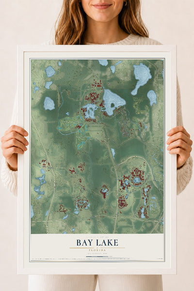 Bay Lake, Florida map print, 18" x 24" W/ White Ayous Wood Frame mockup