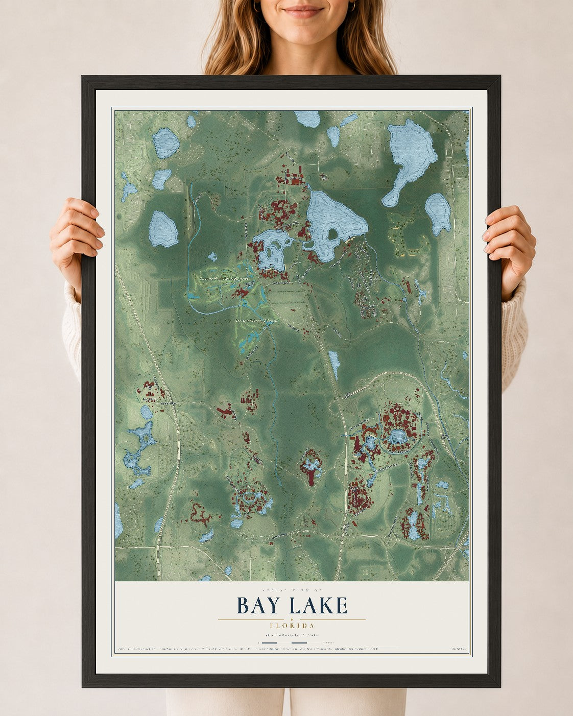 Bay Lake, Florida map print, 24" x 36" W/ Black Ayous Wood Frame mockup