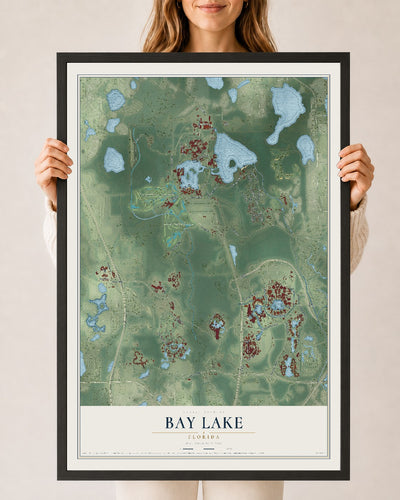 Bay Lake, Florida map print, 24" x 36" W/ Black Ayous Wood Frame mockup