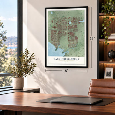Bayshore Gardens, Florida map, 18 x 24 inch print in a black frame in a home office