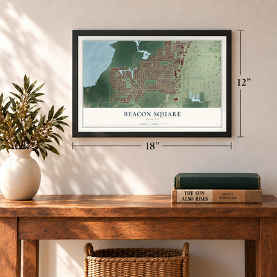 Beacon Square, Florida map, 12 x 18 inch print in a black frame in an entryway
