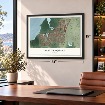 Beacon Square, Florida map, 18 x 24 inch print in a black frame in a home office