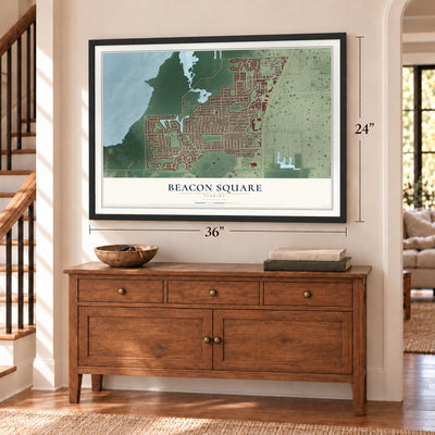 Beacon Square, Florida map, 24 x 36 inch print in a black frame above a dresser by a staircase
