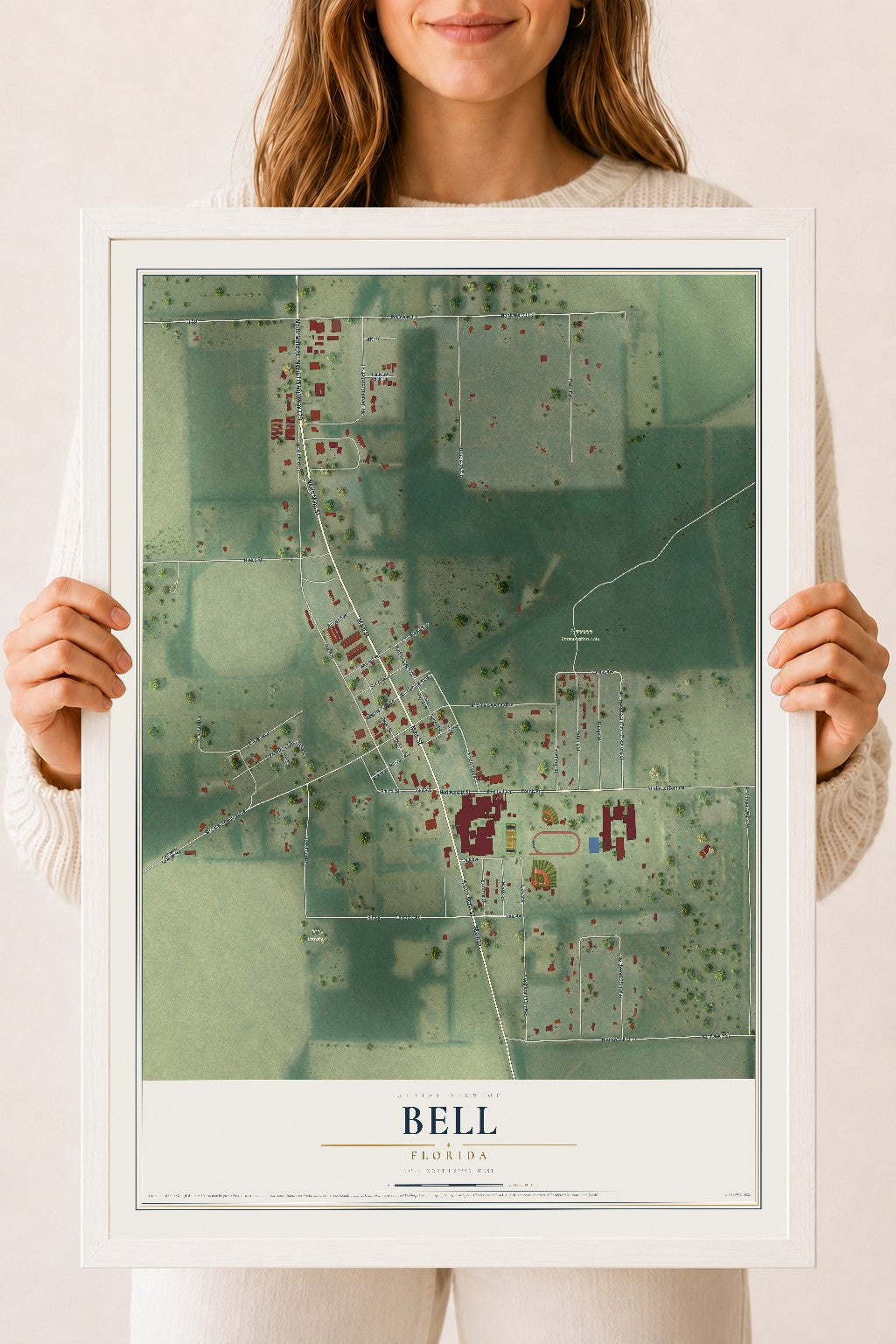 Bell, Florida map print, 18" x 24" W/ White Ayous Wood Frame mockup