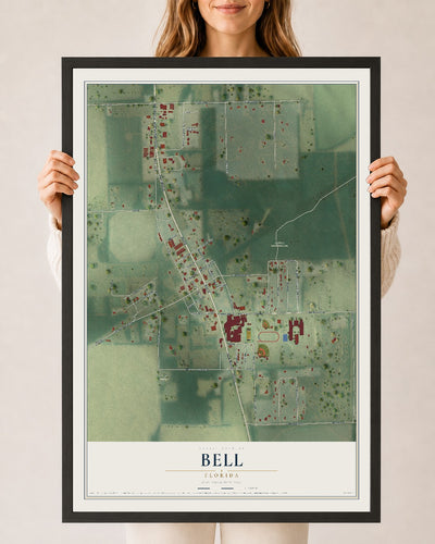 Bell, Florida map print, 24" x 36" W/ Black Ayous Wood Frame mockup