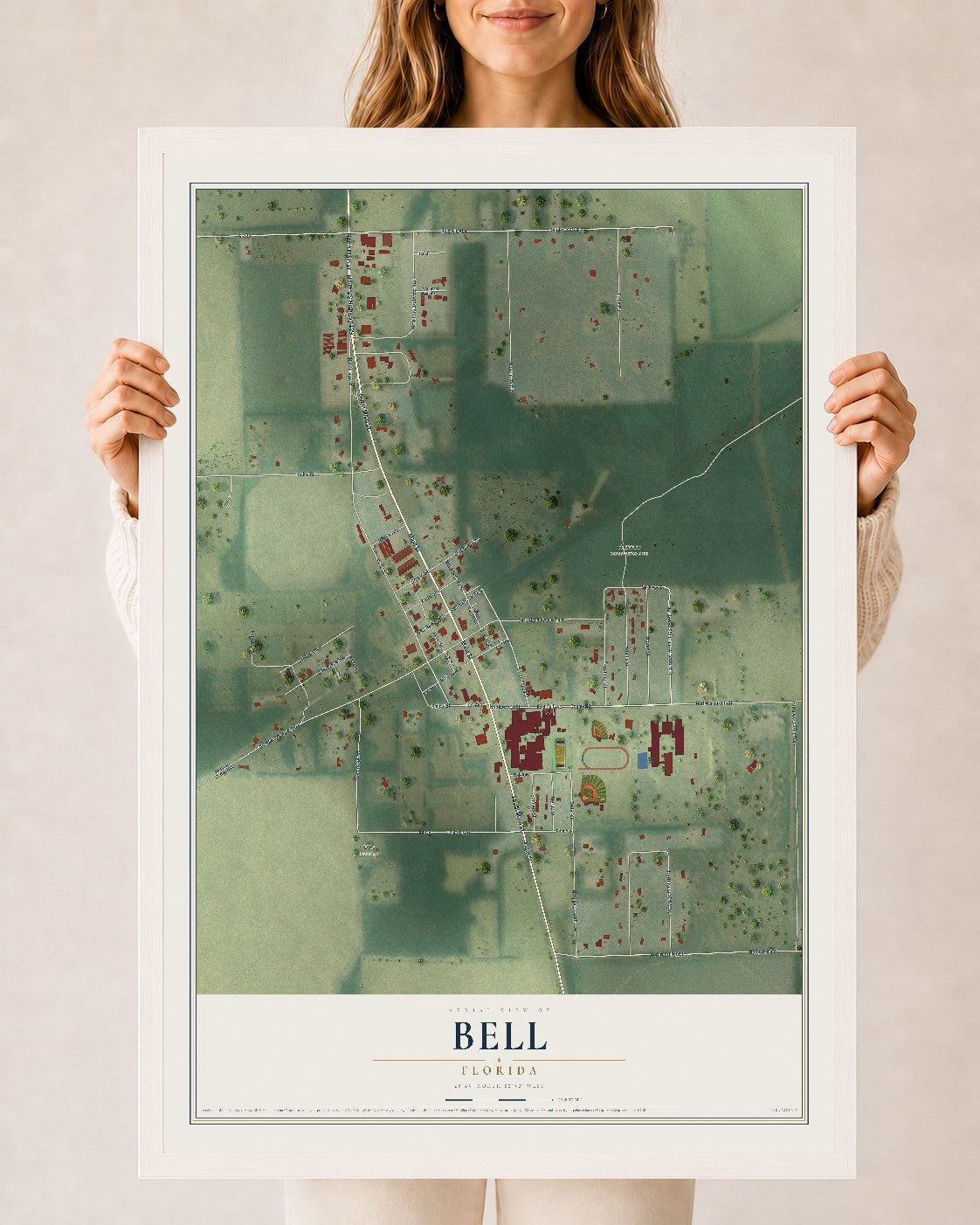 Bell, Florida map print, 24" x 36" W/ White Ayous Wood Frame mockup