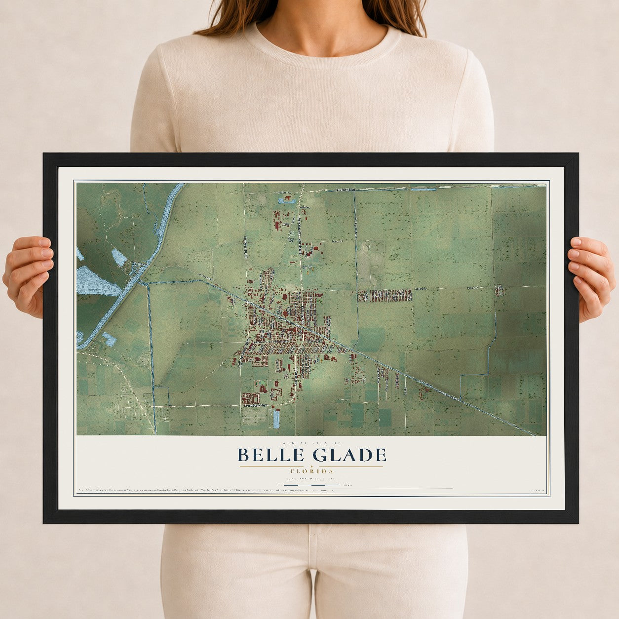 Belle Glade, Florida map print, 12" x 18" W/ Black Ayous Wood Frame mockup