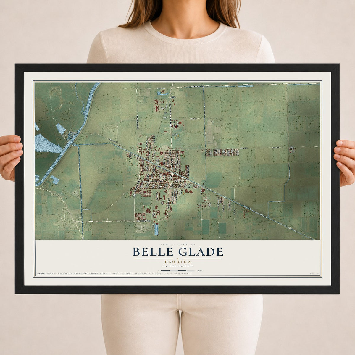 Belle Glade, Florida map print, 18" x 24" W/ Black Ayous Wood Frame mockup