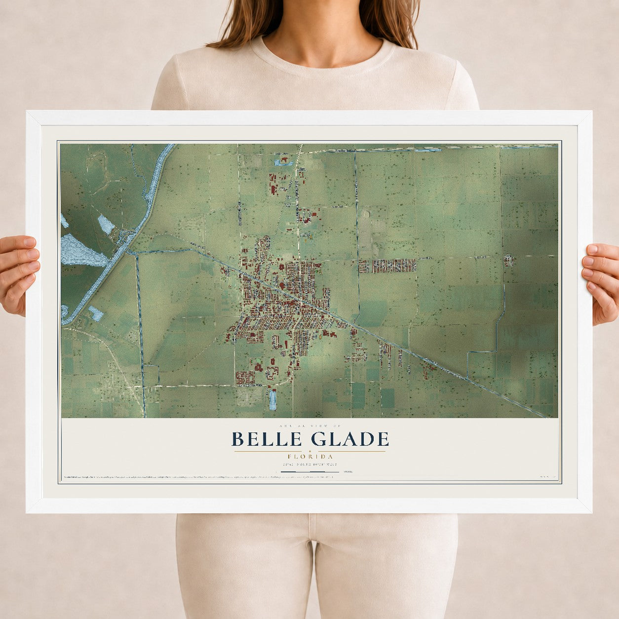Belle Glade, Florida map print, 18" x 24" W/ White Ayous Wood Frame mockup
