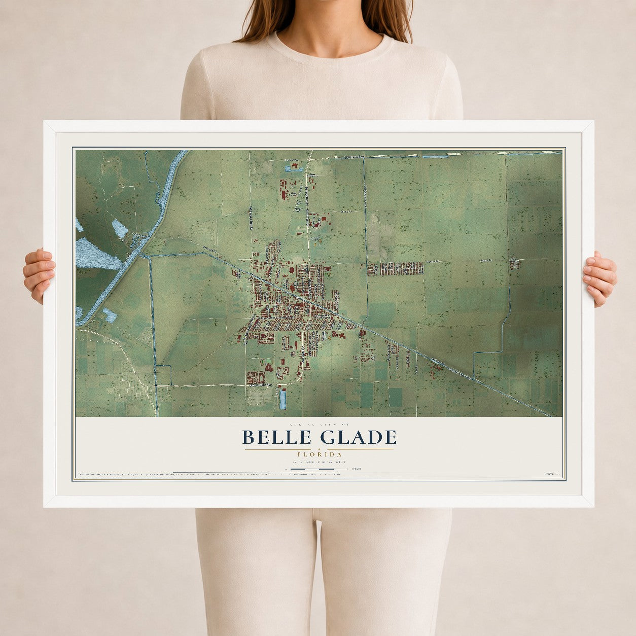 Belle Glade, Florida map print, 24" x 36" W/ White Ayous Wood Frame mockup