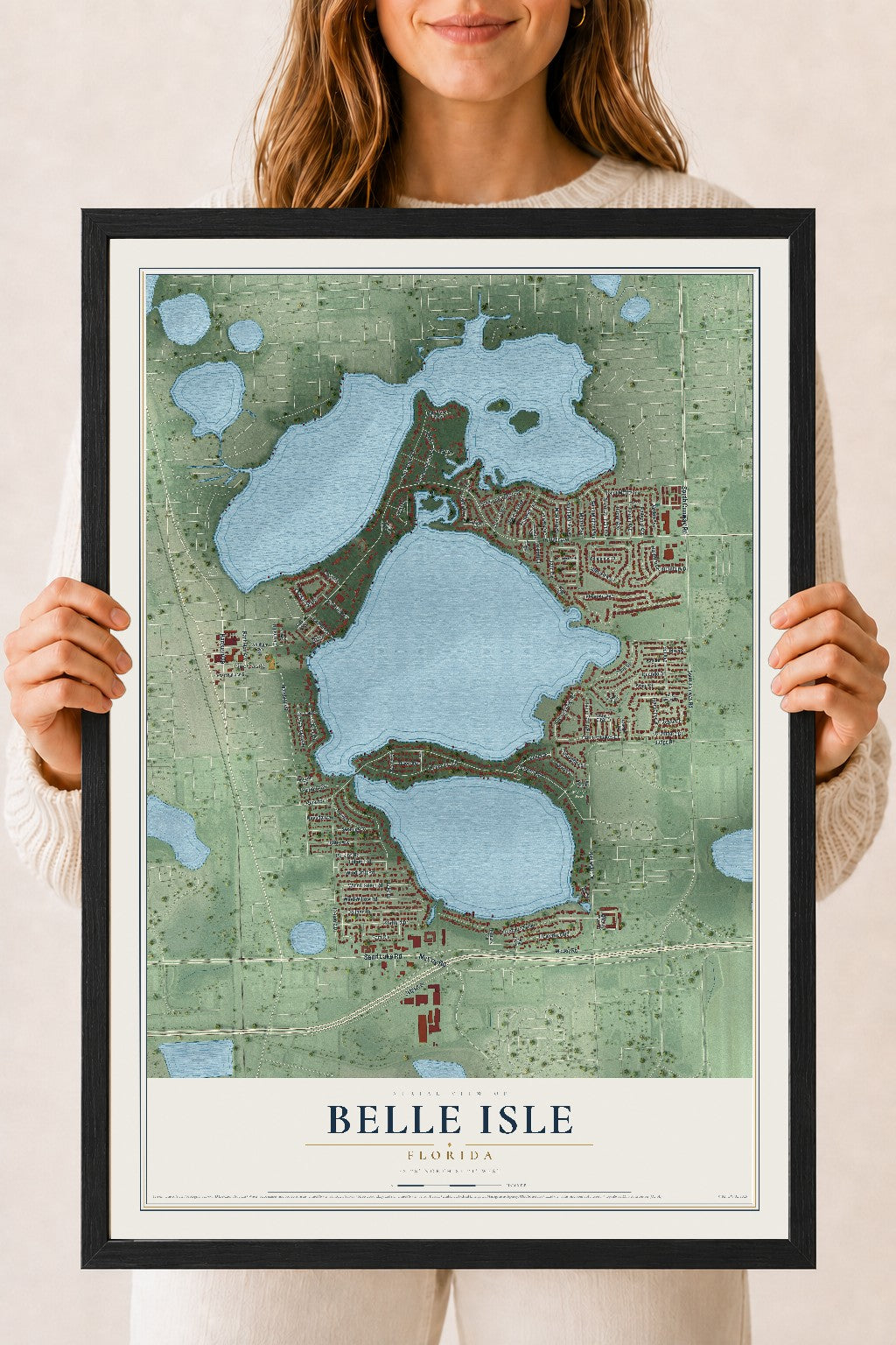 Belle Isle, Florida map print, 18" x 24" W/ Black Ayous Wood Frame mockup