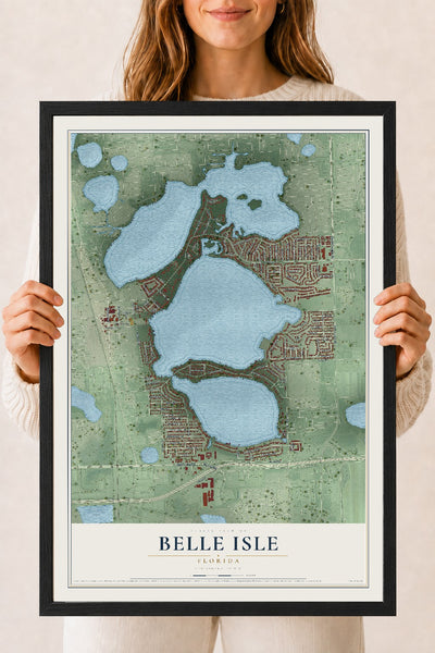 Belle Isle, Florida map print, 18" x 24" W/ Black Ayous Wood Frame mockup