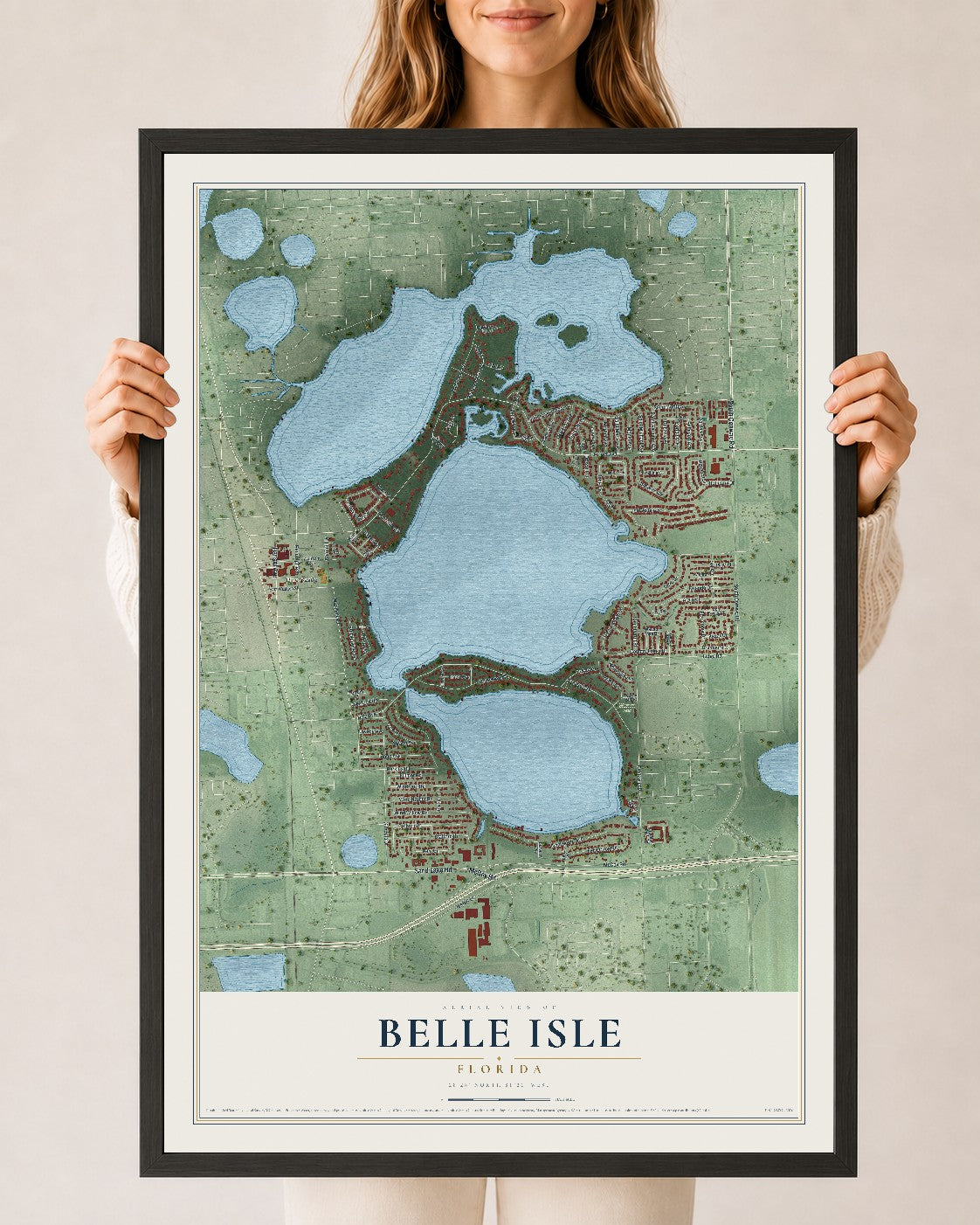 Belle Isle, Florida map print, 24" x 36" W/ Black Ayous Wood Frame mockup