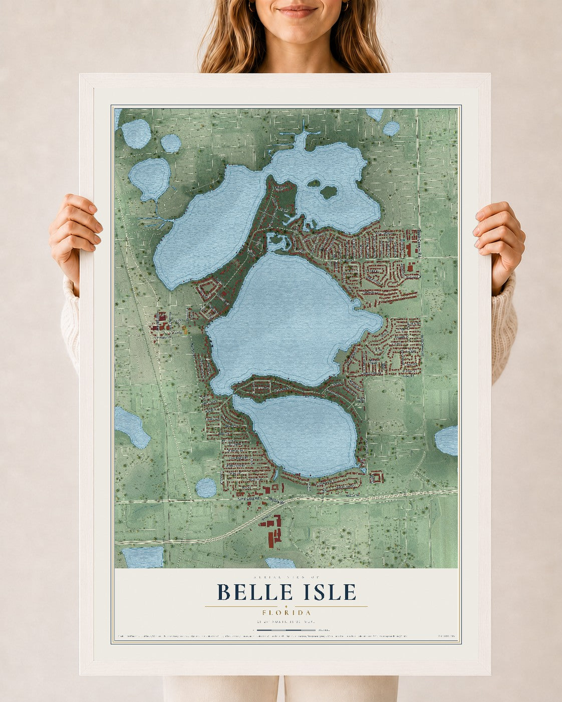 Belle Isle, Florida map print, 24" x 36" W/ White Ayous Wood Frame mockup