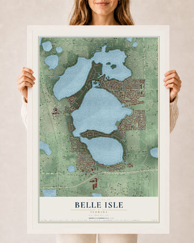 Belle Isle, Florida map print, 24" x 36" W/ White Ayous Wood Frame mockup