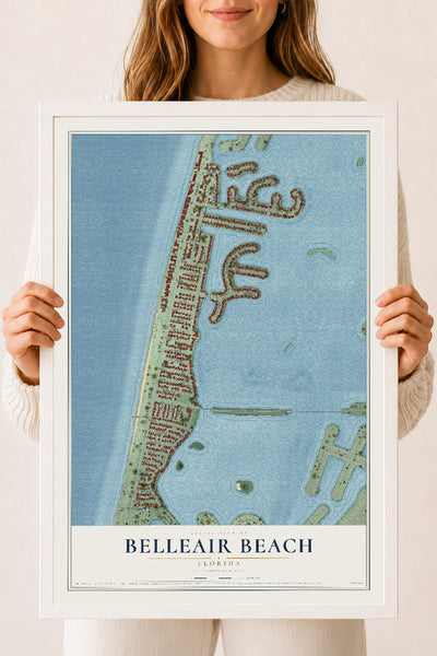 Belleair Beach, Florida map print, 18" x 24" W/ White Ayous Wood Frame mockup