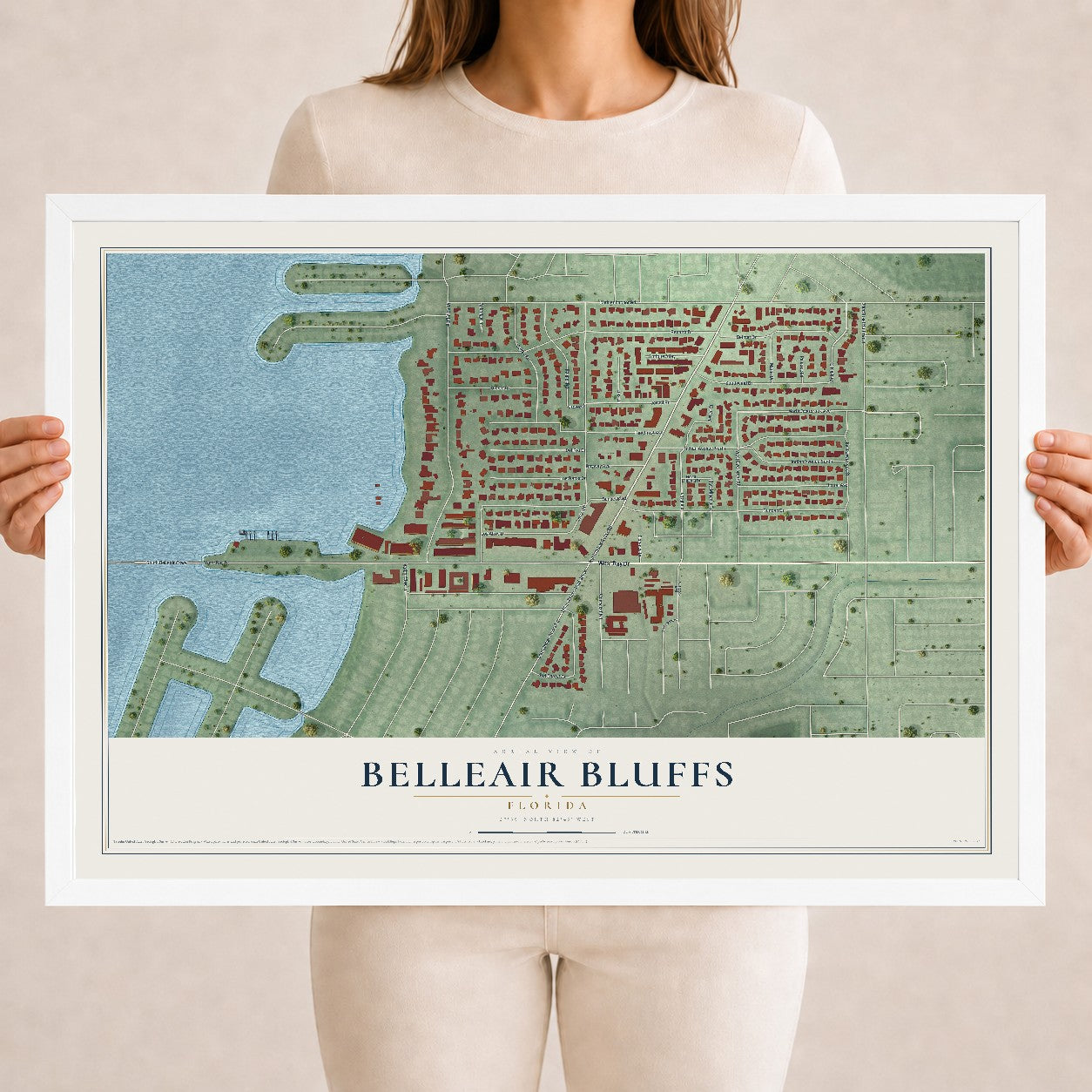 Belleair Bluffs, Florida map print, 18" x 24" W/ White Ayous Wood Frame mockup