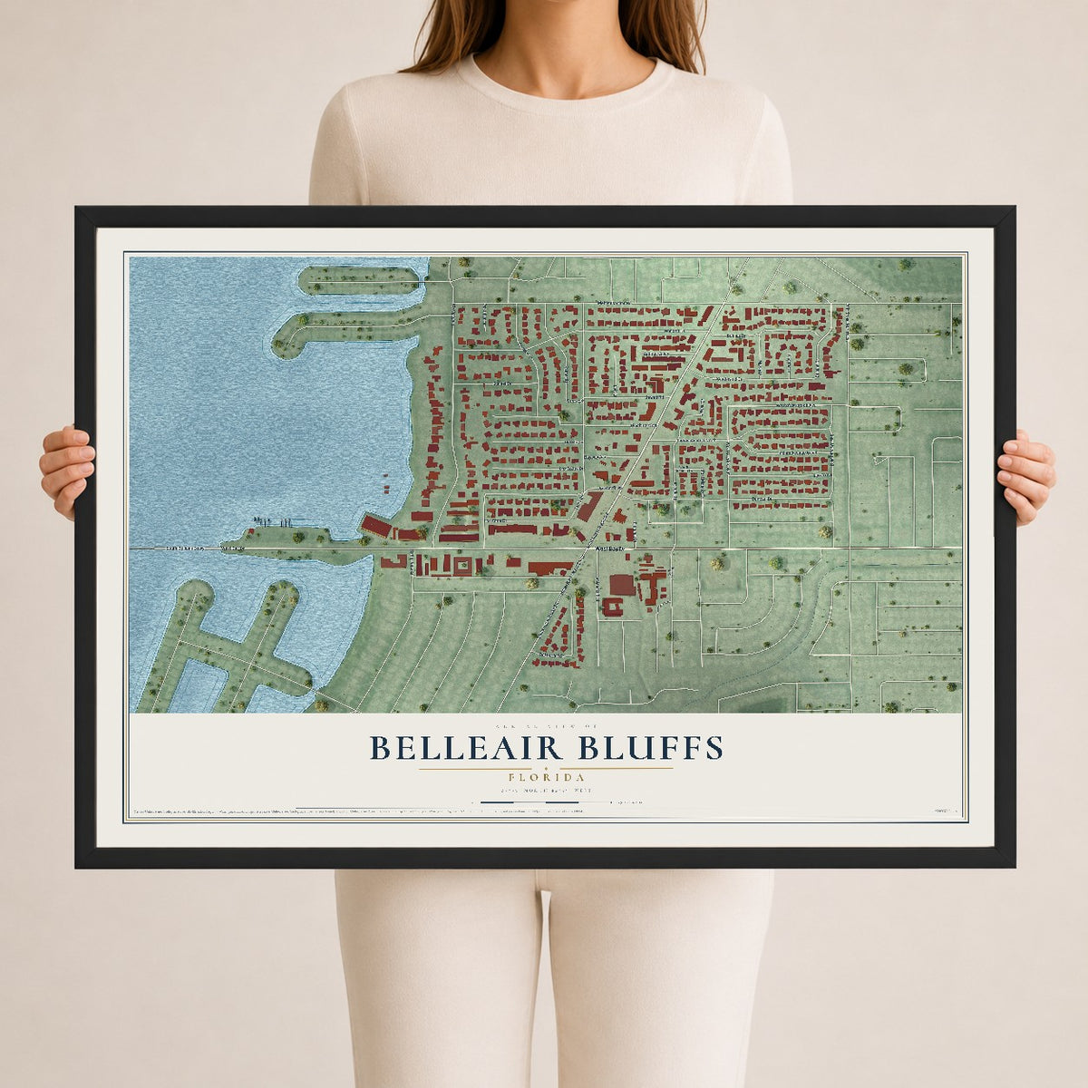 Belleair Bluffs, Florida map print, 24" x 36" W/ Black Ayous Wood Frame mockup