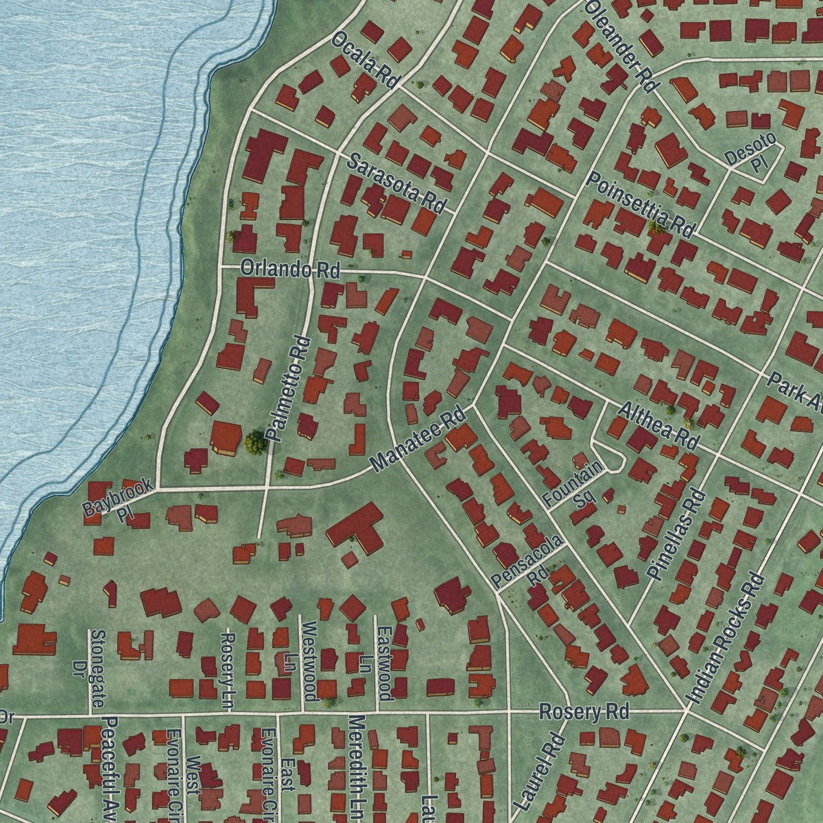 Close-up 1 of the Belleair, Florida map artwork