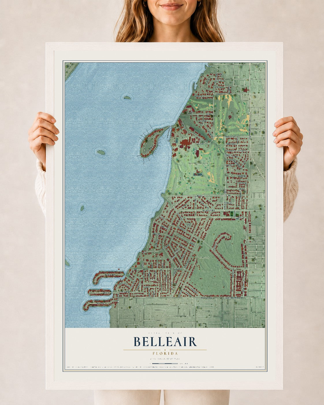 Belleair, Florida map print, 24" x 36" W/ White Ayous Wood Frame mockup