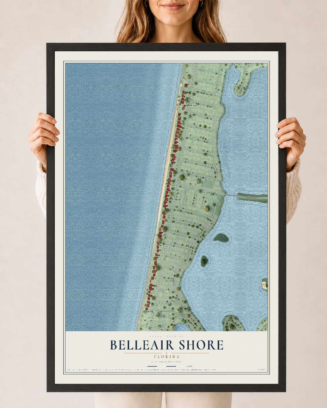 Belleair Shore, Florida map print, 24" x 36" W/ Black Ayous Wood Frame mockup