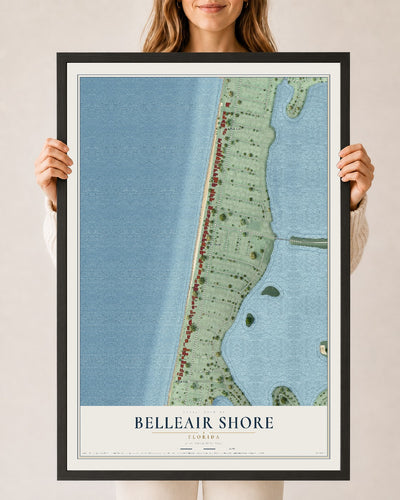 Belleair Shore, Florida map print, 24" x 36" W/ Black Ayous Wood Frame mockup