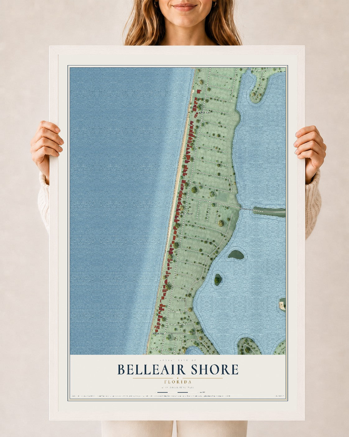 Belleair Shore, Florida map print, 24" x 36" W/ White Ayous Wood Frame mockup
