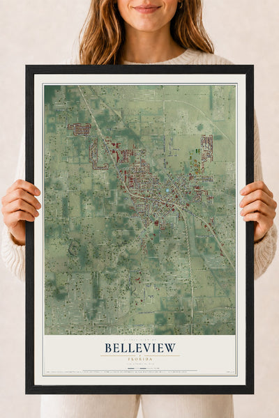 Belleview, Florida map print, 18" x 24" W/ Black Ayous Wood Frame mockup