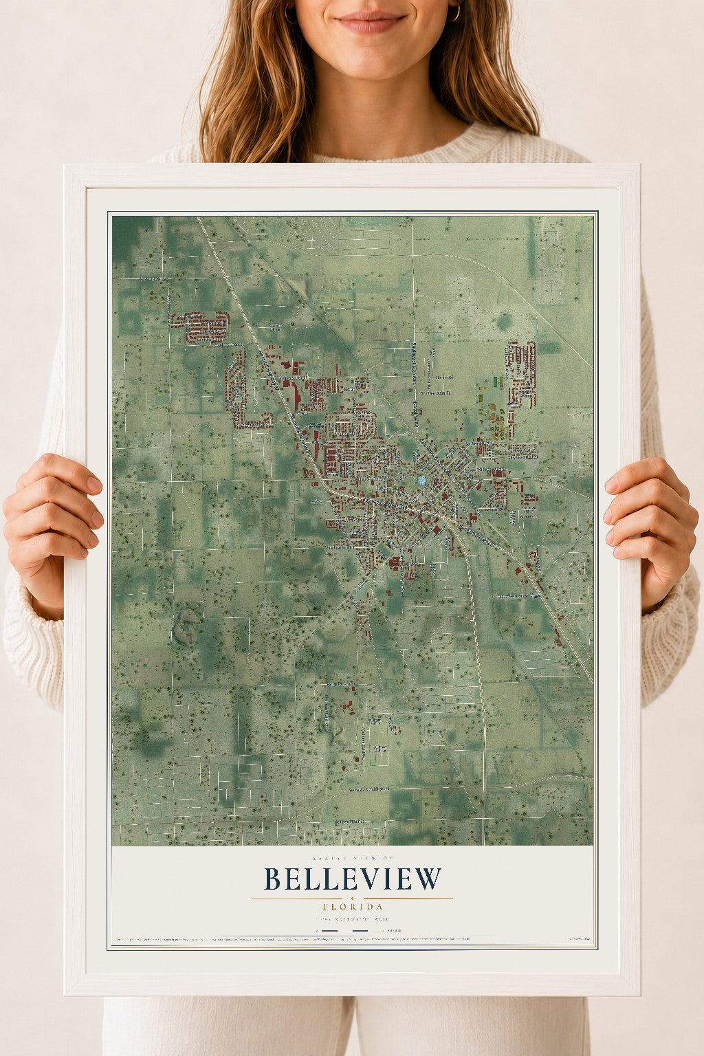 Belleview, Florida map print, 18" x 24" W/ White Ayous Wood Frame mockup