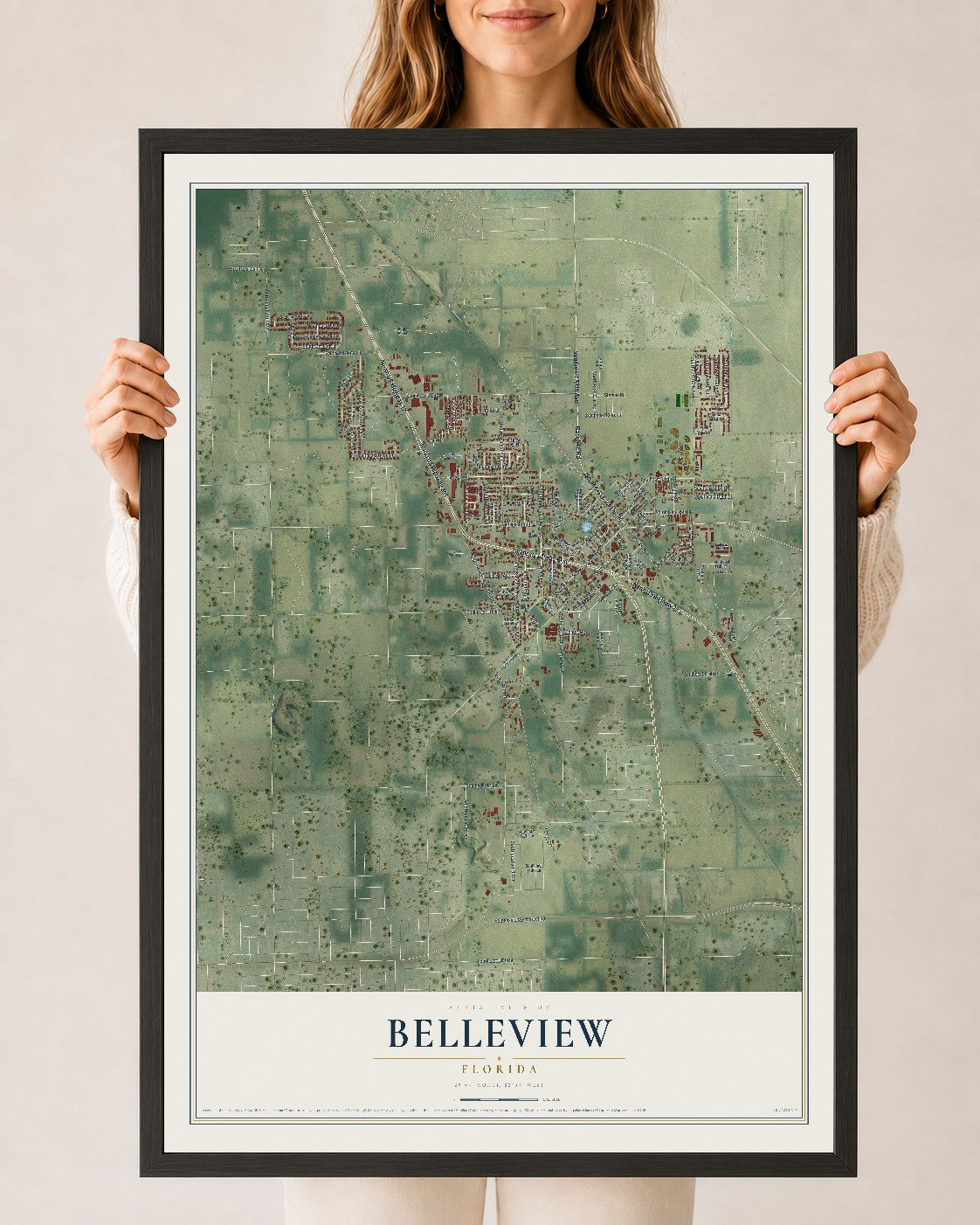 Belleview, Florida map print, 24" x 36" W/ Black Ayous Wood Frame mockup
