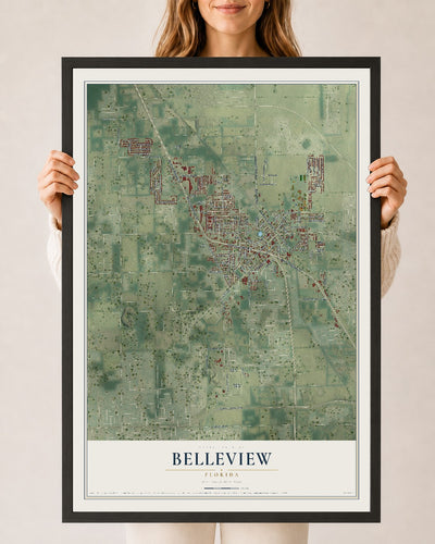 Belleview, Florida map print, 24" x 36" W/ Black Ayous Wood Frame mockup