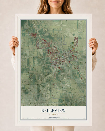 Belleview, Florida map print, 24" x 36" W/ White Ayous Wood Frame mockup