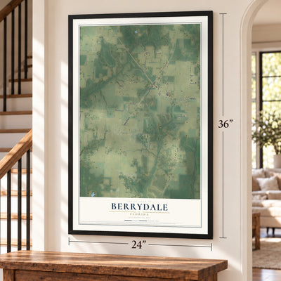 Berrydale, Florida map, 24 x 36 inch print in a black frame by a staircase