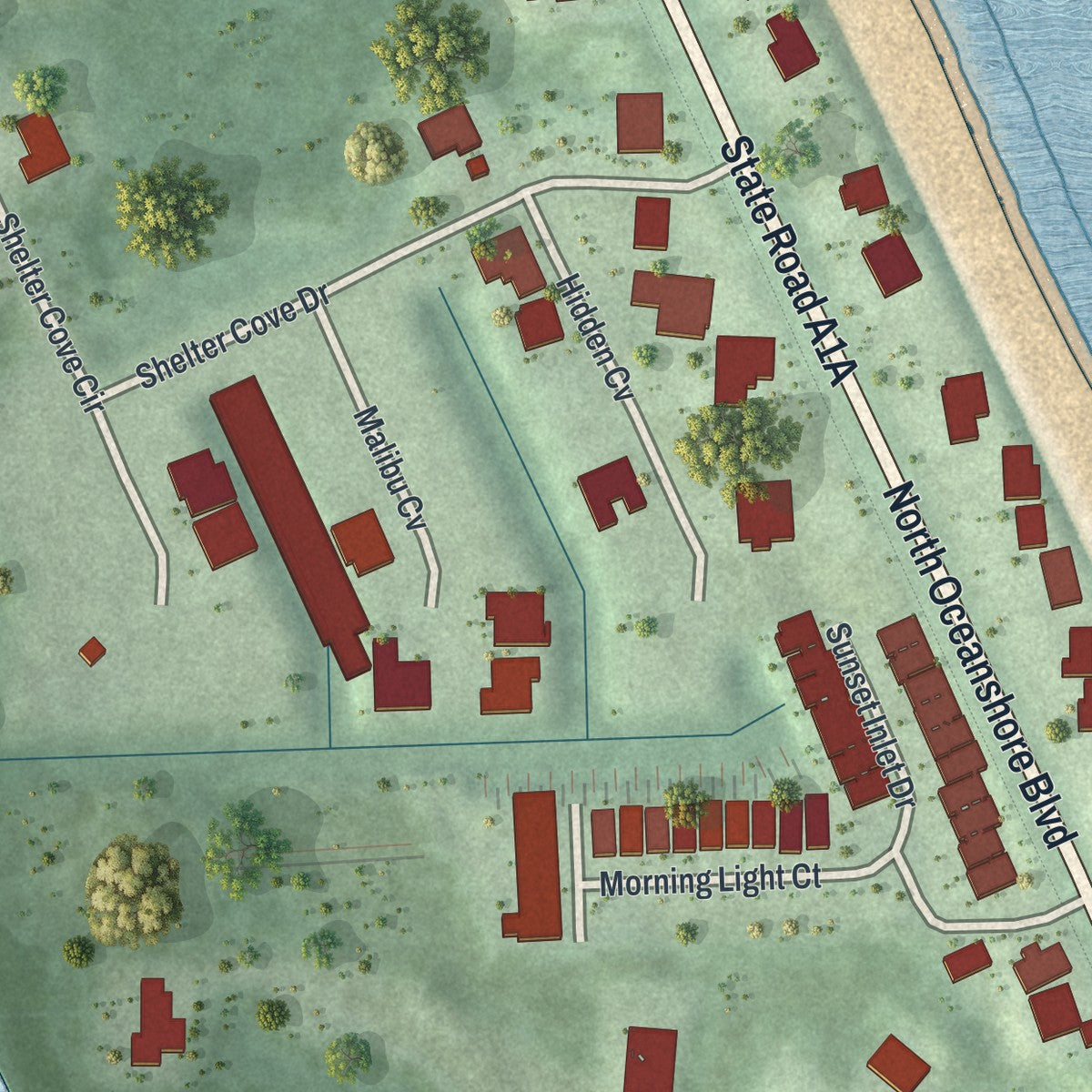 Close-up 2 of the Beverly Beach, Florida map artwork