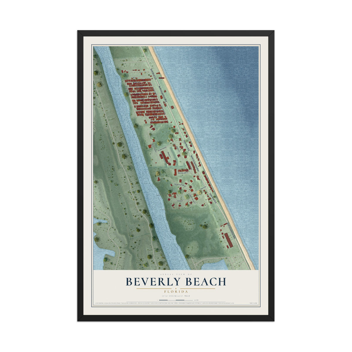 Beverly Beach, Florida map print, 12" x 18" W/ Black Ayous Wood Frame mockup