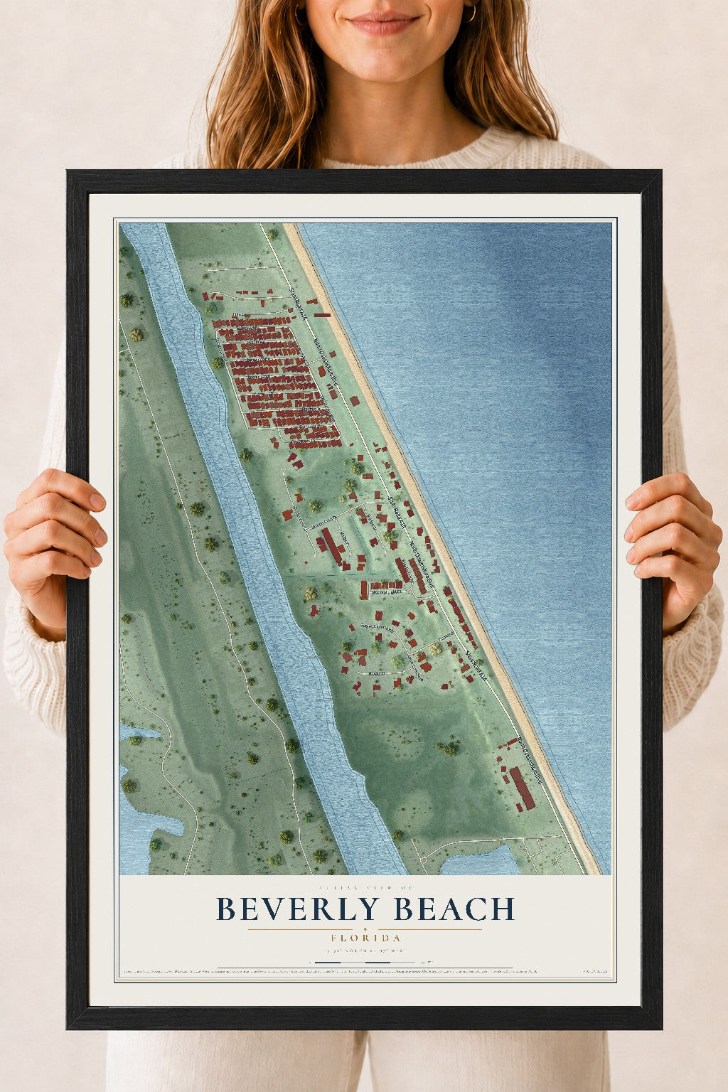 Beverly Beach, Florida map print, 18" x 24" W/ Black Ayous Wood Frame mockup