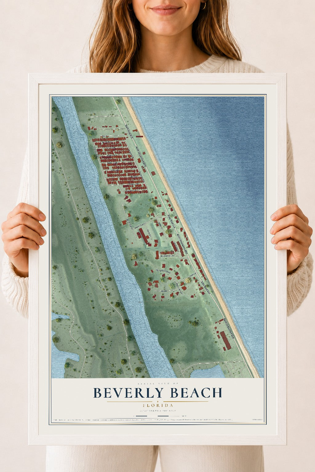 Beverly Beach, Florida map print, 18" x 24" W/ White Ayous Wood Frame mockup