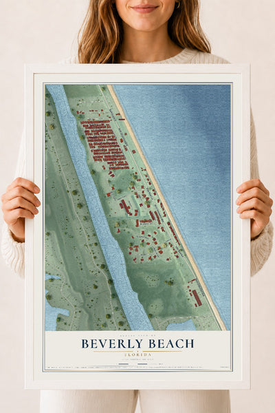 Beverly Beach, Florida map print, 18" x 24" W/ White Ayous Wood Frame mockup