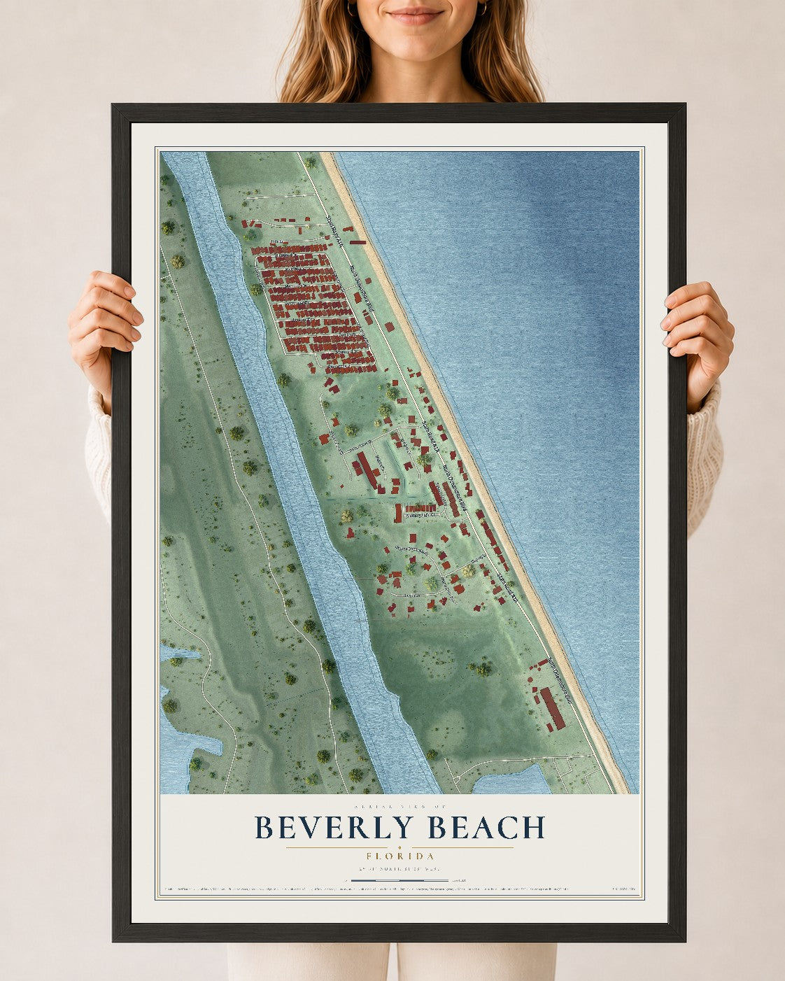 Beverly Beach, Florida map print, 24" x 36" W/ Black Ayous Wood Frame mockup
