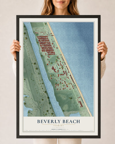 Beverly Beach, Florida map print, 24" x 36" W/ Black Ayous Wood Frame mockup