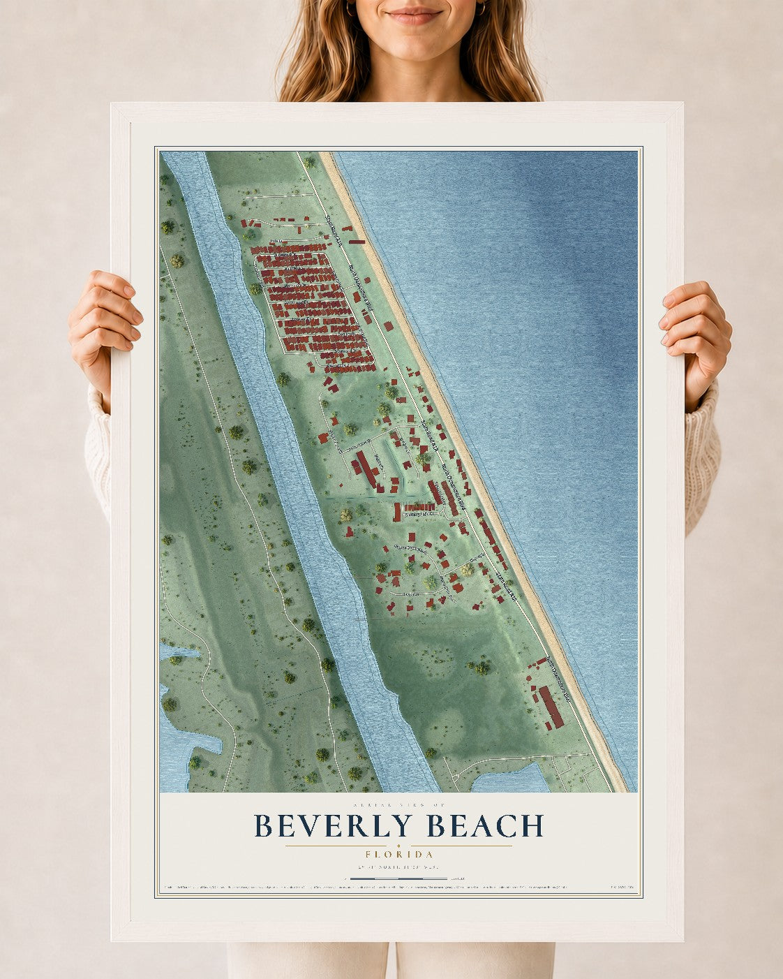 Beverly Beach, Florida map print, 24" x 36" W/ White Ayous Wood Frame mockup