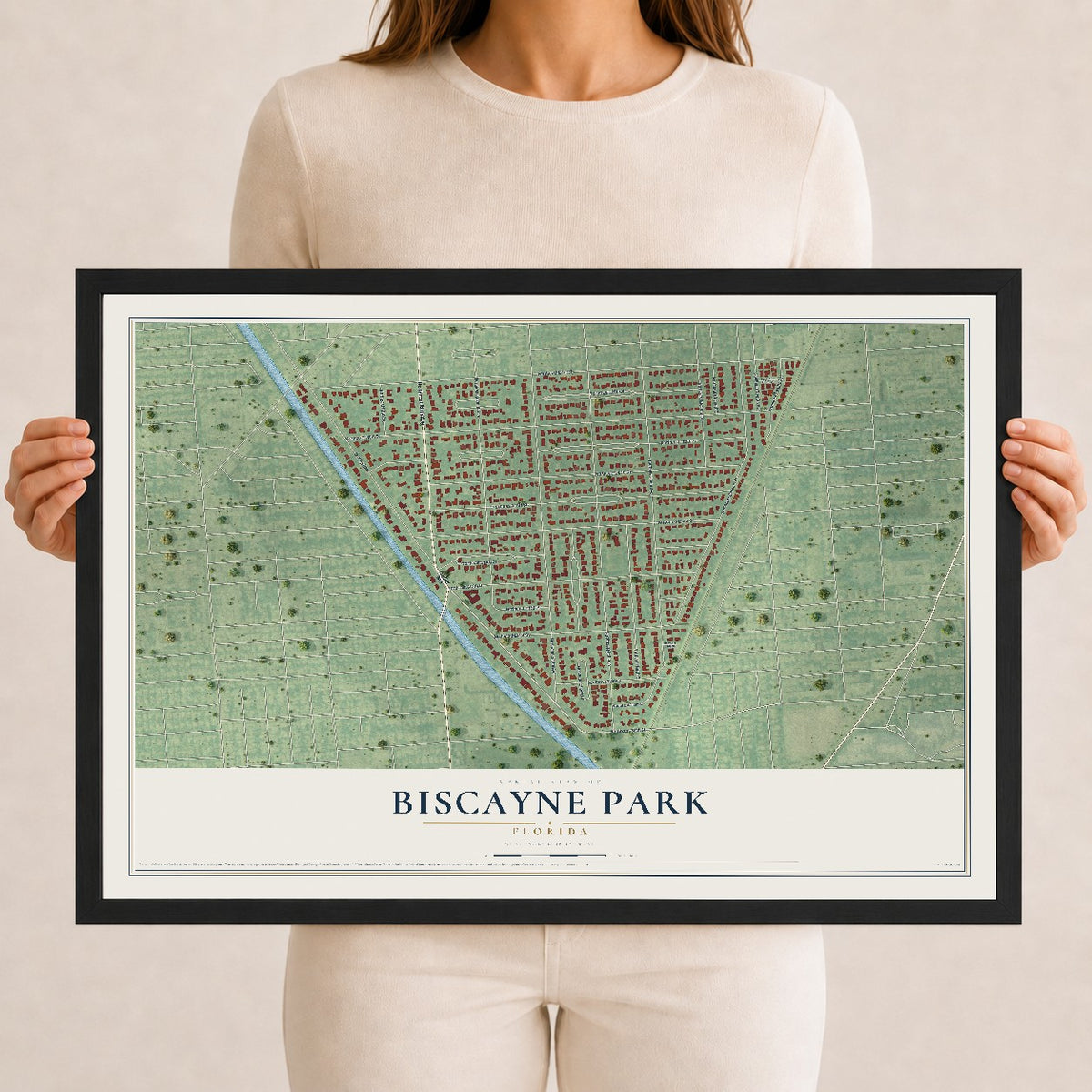Biscayne Park, Florida map print, 12" x 18" W/ Black Ayous Wood Frame mockup