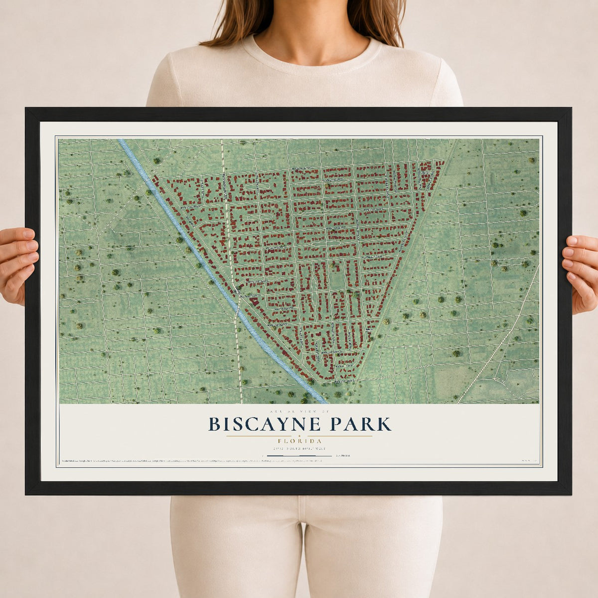 Biscayne Park, Florida map print, 18" x 24" W/ Black Ayous Wood Frame mockup