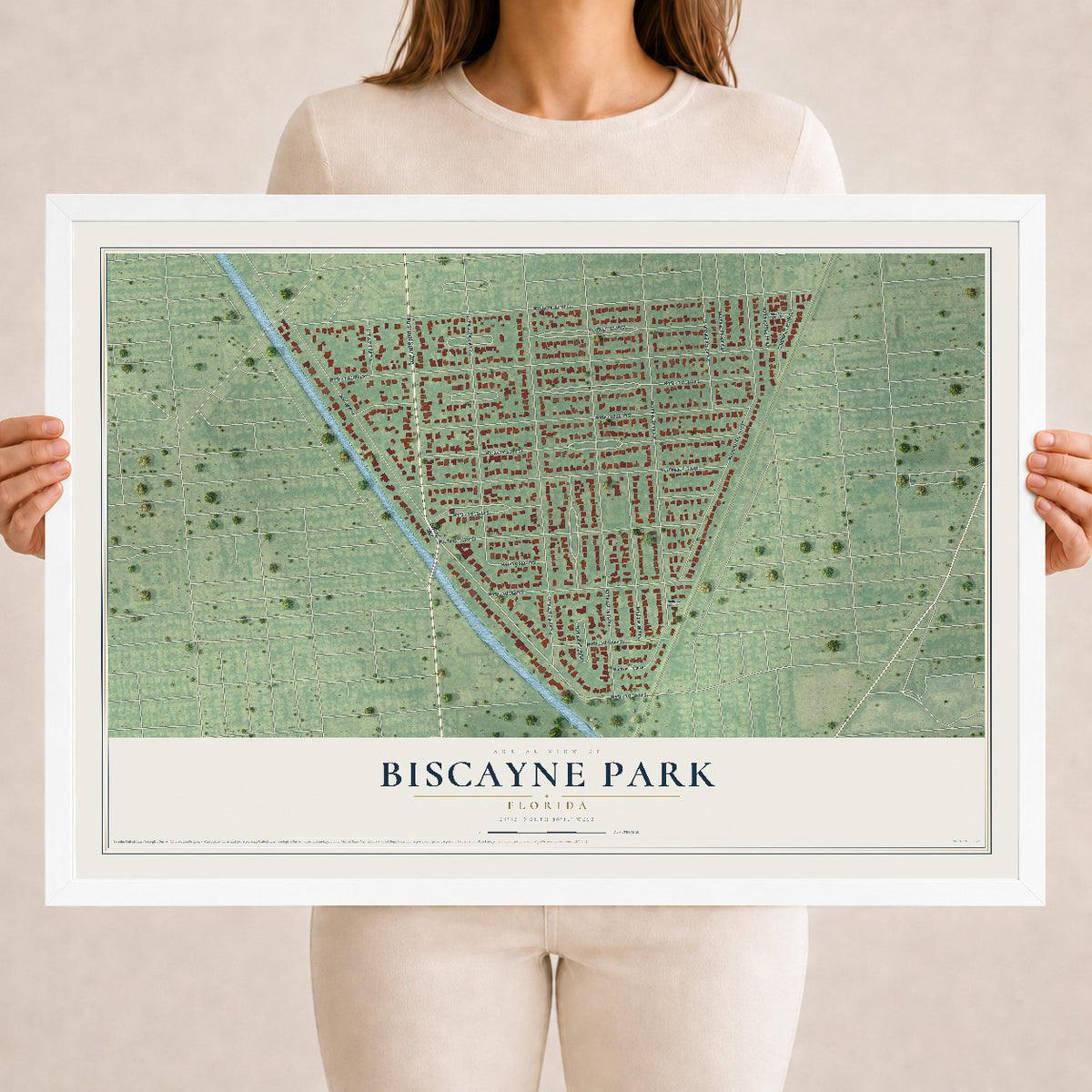 Biscayne Park, Florida map print, 18" x 24" W/ White Ayous Wood Frame mockup